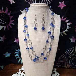 Cobalt Blue Beaded Necklace And Earrings Set Silver Loops Long Doubled Up
